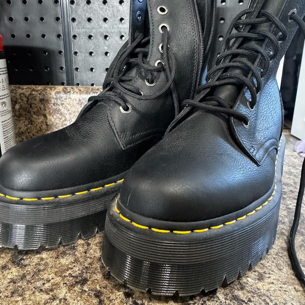 Dr. Martens Black Platform Combat Boots with Yellow Stitching